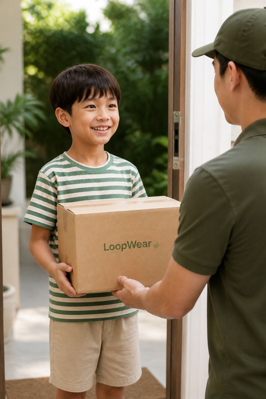เด็กไทยรับพัสดุ LoopWear จากขนส่งที่บ้าน