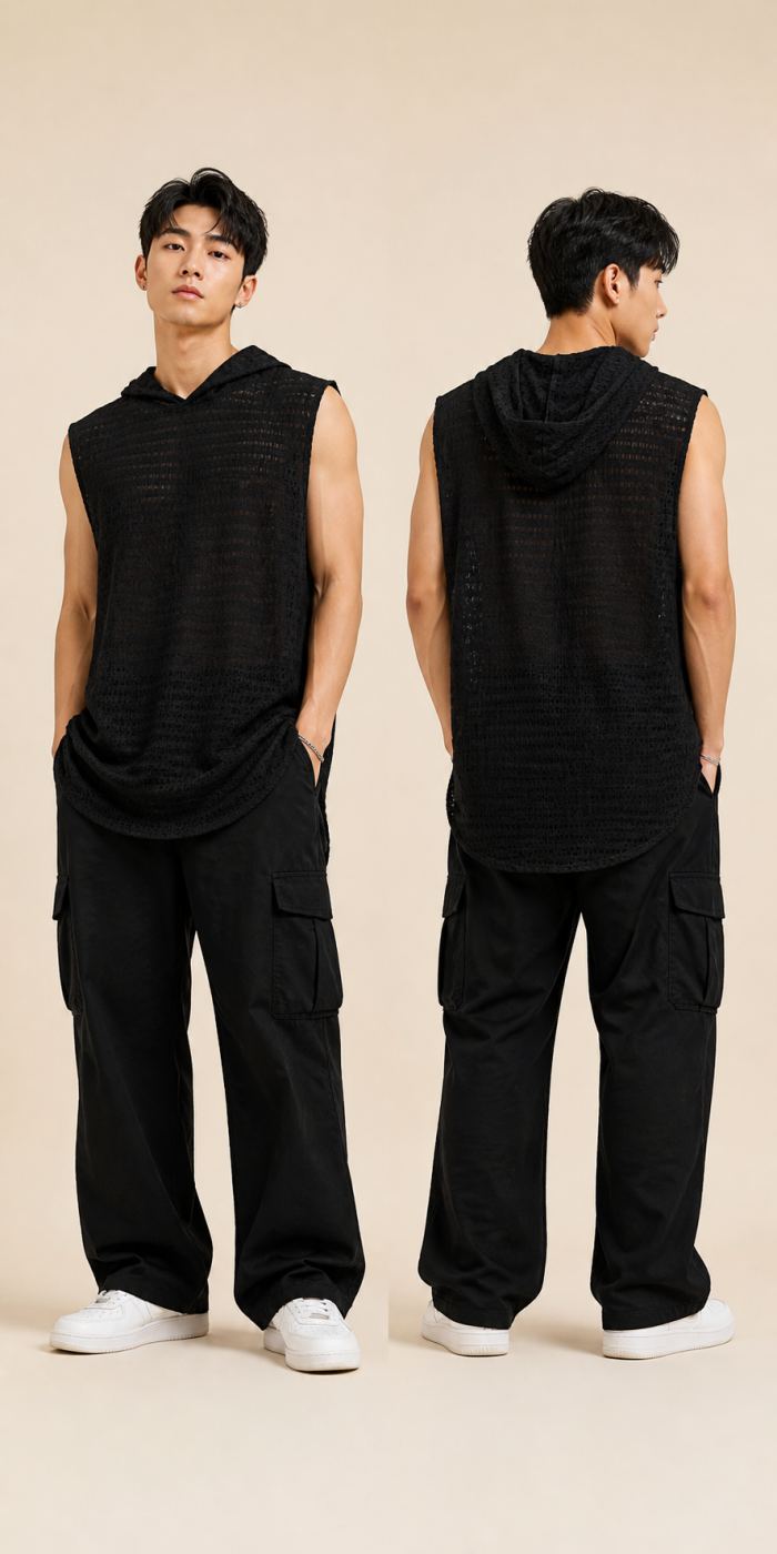 เสื้อคลุมแขนกุดมีฮู้ดสีดำ