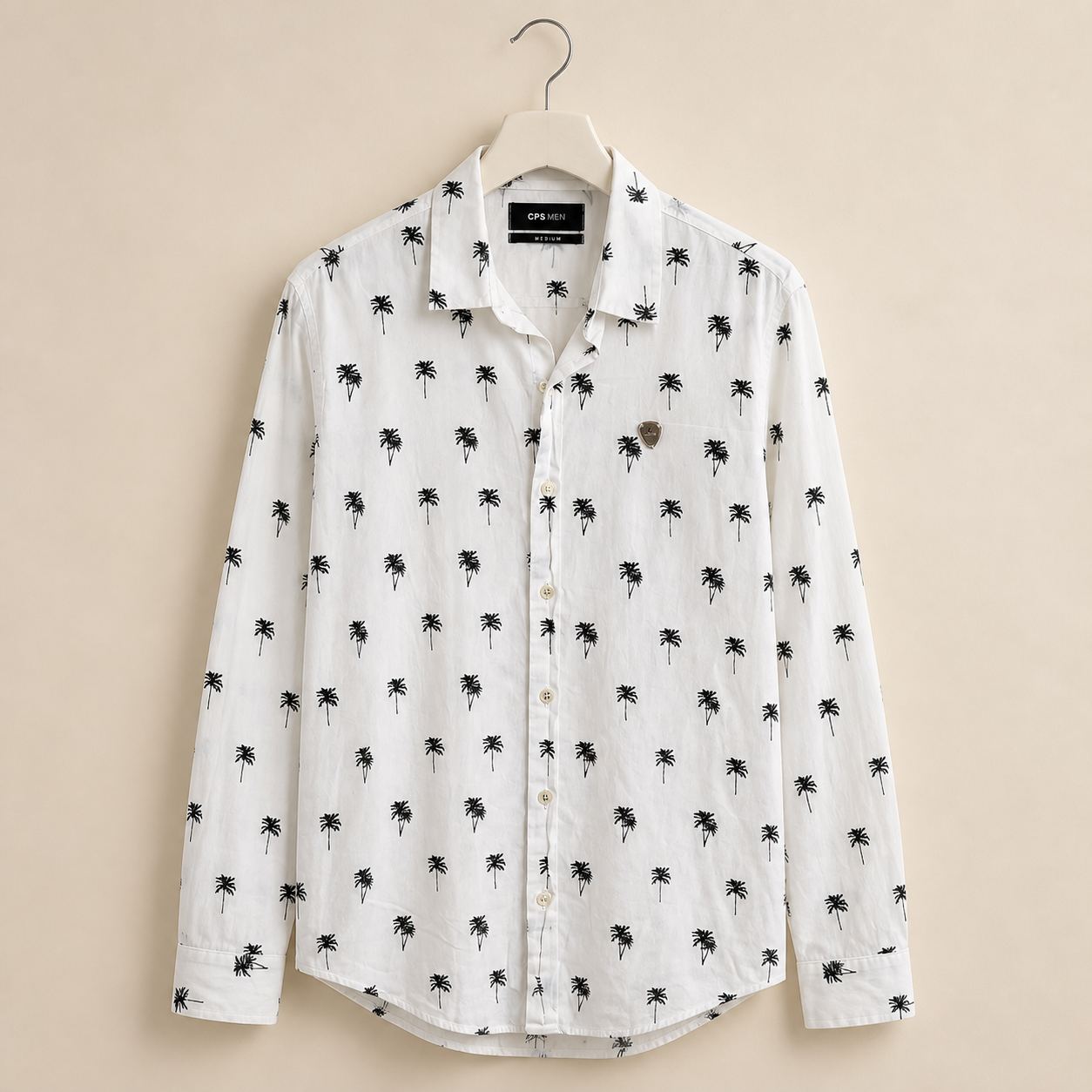 CPS MEN เสื้อเชิ้ตลายปาล์มแขนยาวสีขาว