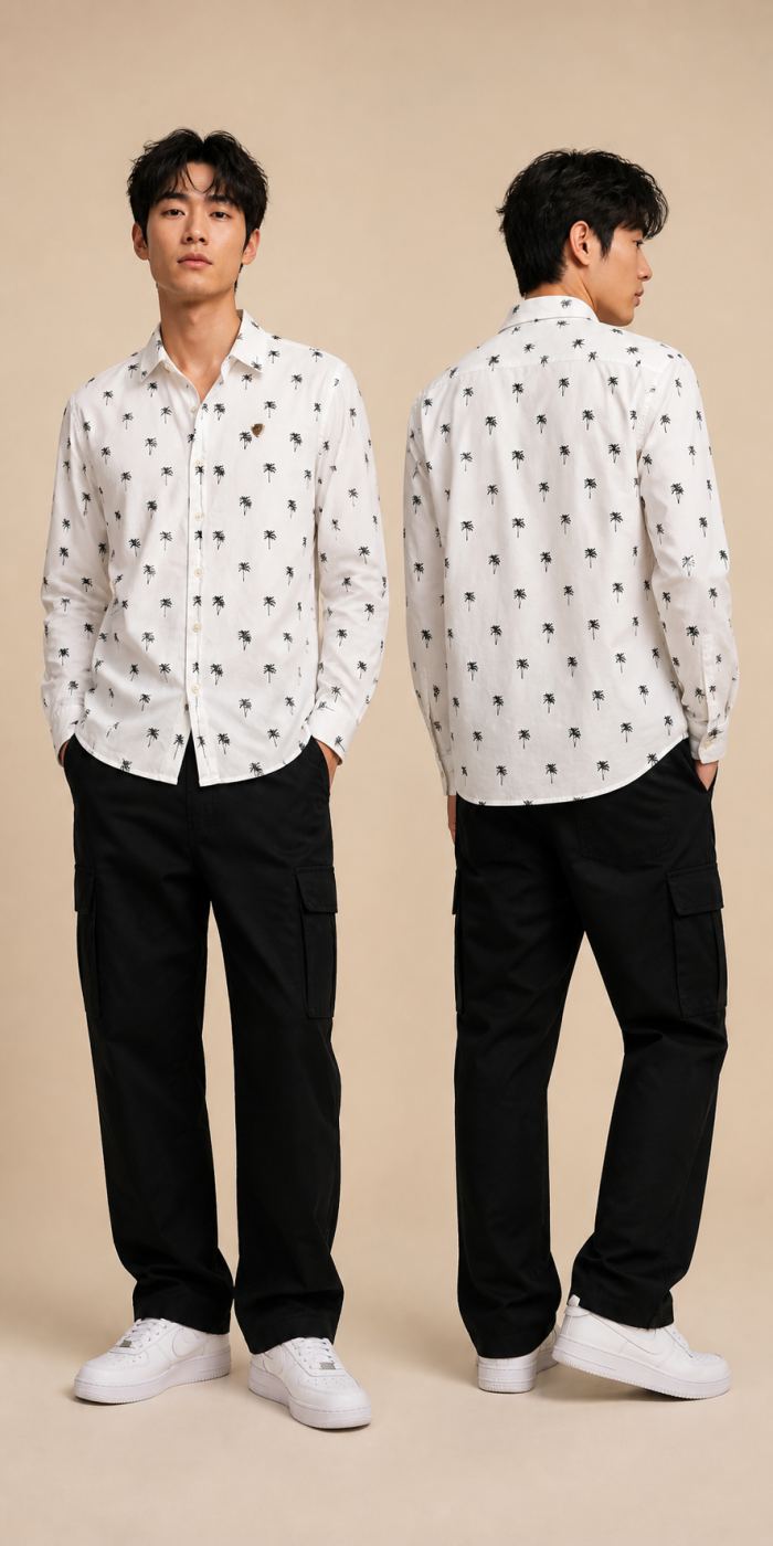 CPS MEN เสื้อเชิ้ตลายปาล์มแขนยาวสีขาว