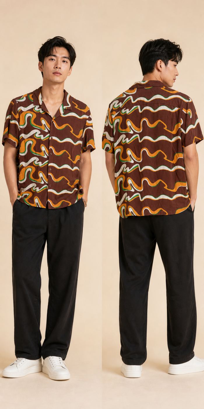 ESP เสื้อเชิ้ตลายเรโทรแขนสั้น
