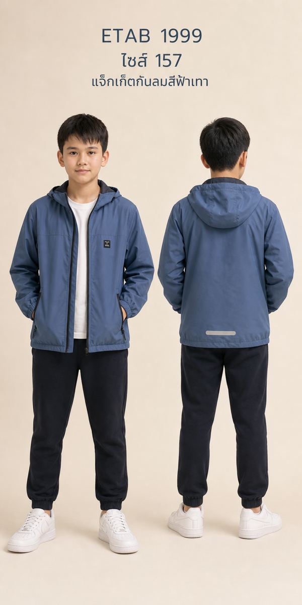 เสื้อแจ็คเก็ตกันลมเด็ก Etab.1999 สีฟ้าเหล็ก มีฮู้ด
