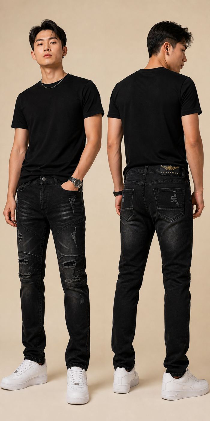 KAMIMURA ยีนส์ Biker Skinny สีดำ