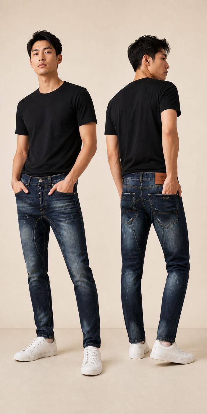 KAMIMURA ยีนส์ Skinny รอยริปวินเทจสีน้ำเงิน