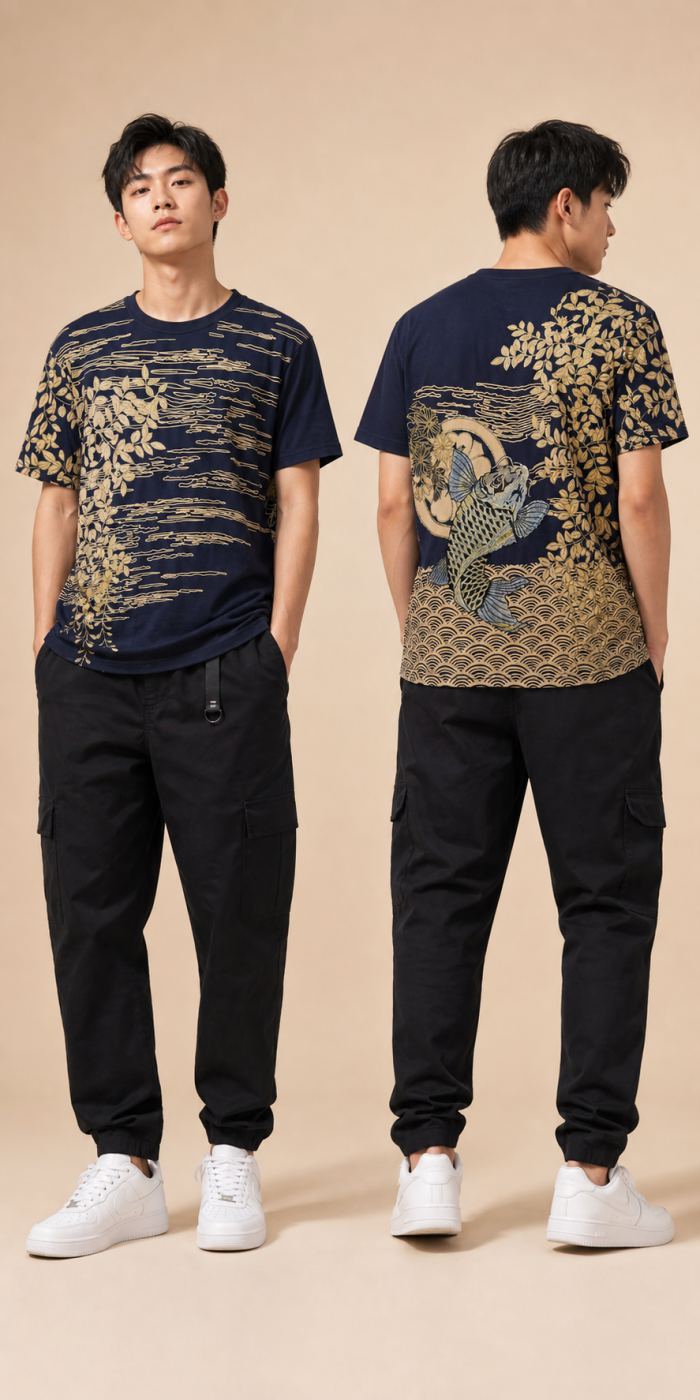 KAMIMURA เสื้อยืดกราฟิกสีกรมท่า-ทอง