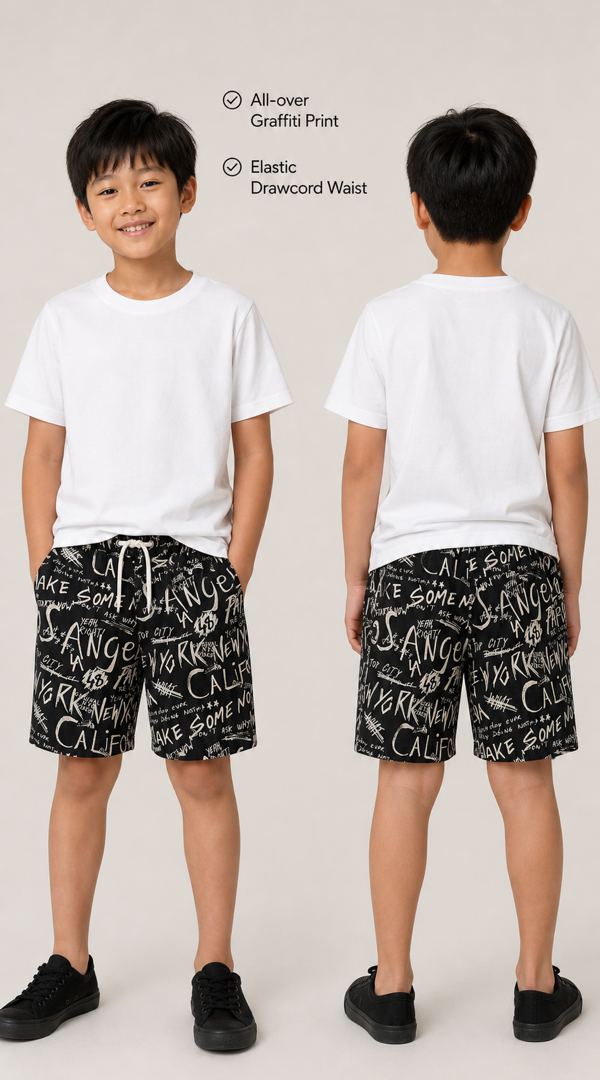 H&M กางเกงขาสั้นพิมพ์ตัวอักษรสีดำ