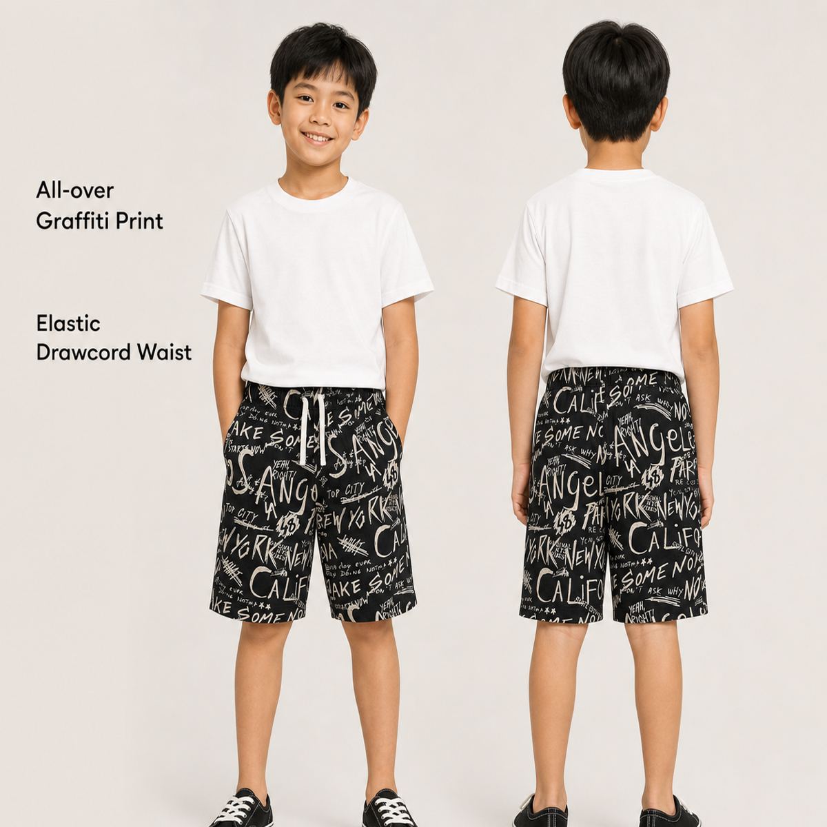 H&M กางเกงขาสั้นพิมพ์ตัวอักษรสีดำ
