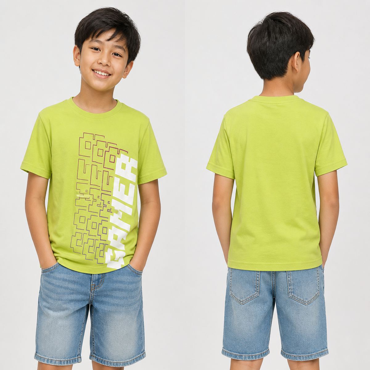 H&M เสื้อยืดกราฟิกด้านข้างสีเขียว