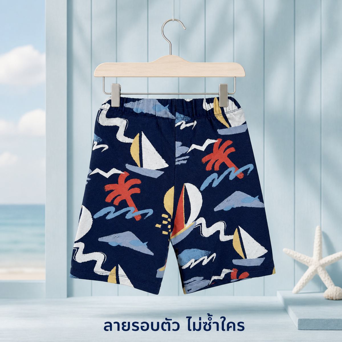 H&M กางเกงขาสั้นสเวตลายเรือใบสีกรมท่า