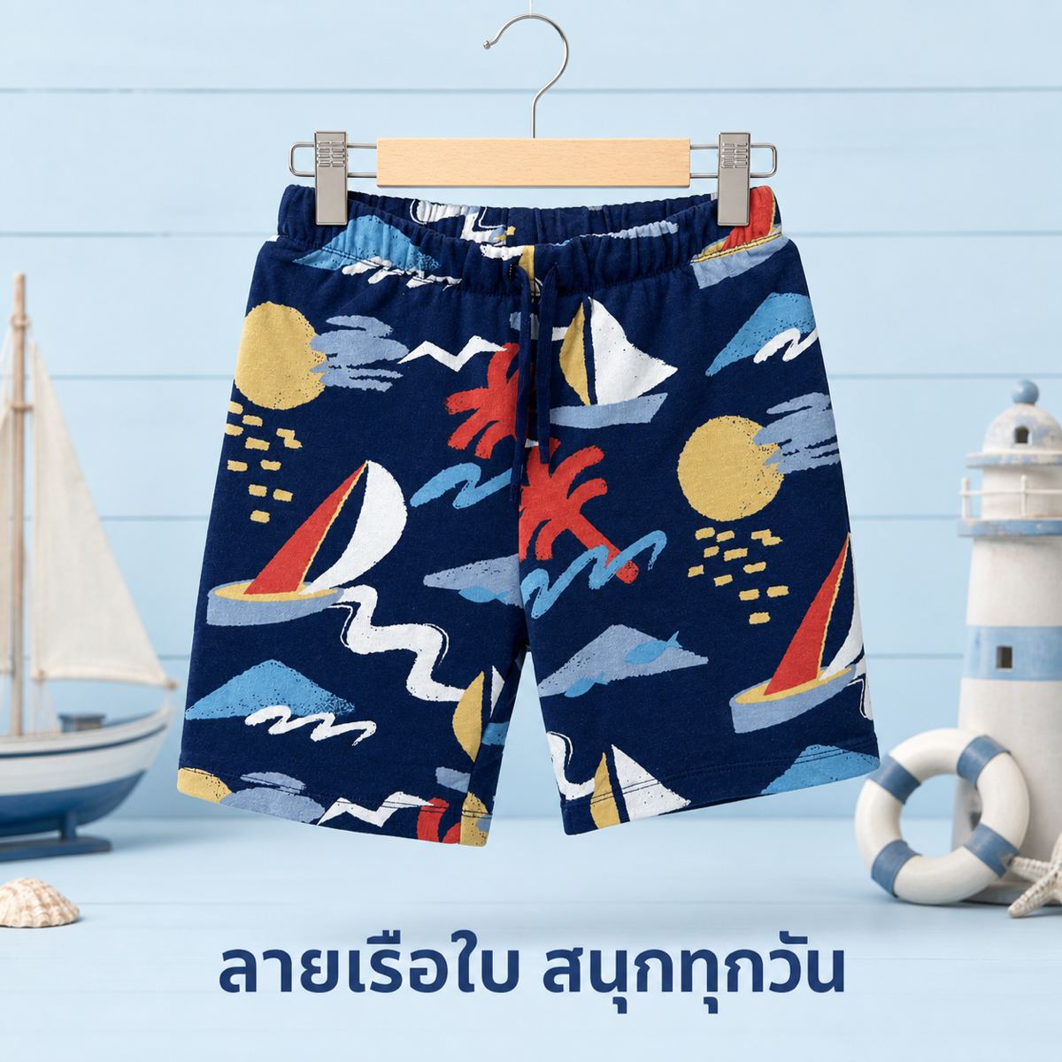 H&M กางเกงขาสั้นสเวตลายเรือใบสีกรมท่า