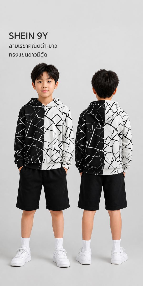 SHEIN เสื้อสเวตสีดำ-ขาวลายเรขาคณิตสลับ