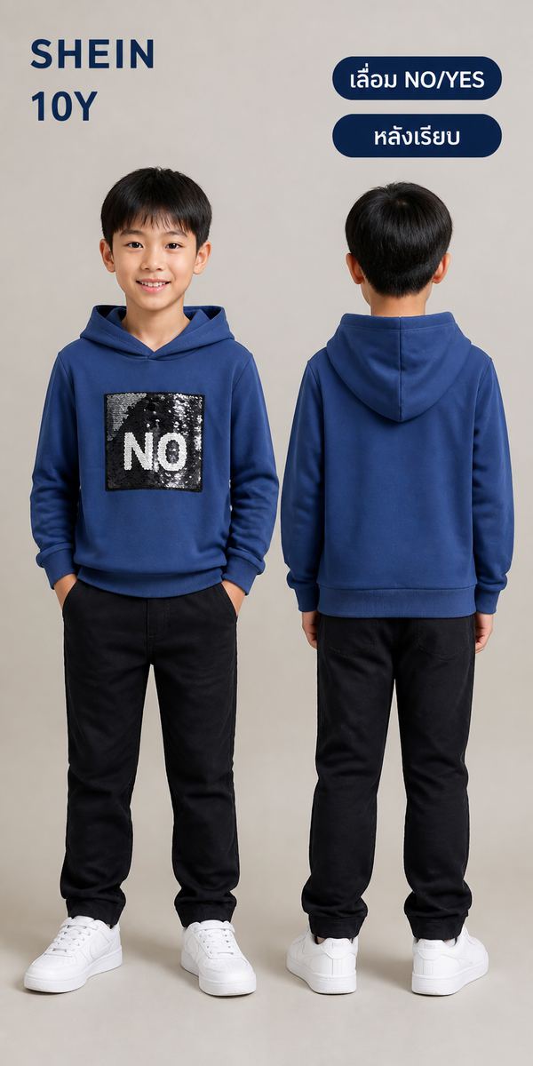SHEIN เสื้อฮู้ดดี้แผ่นเลื่อม NO/YES สีน้ำเงิน