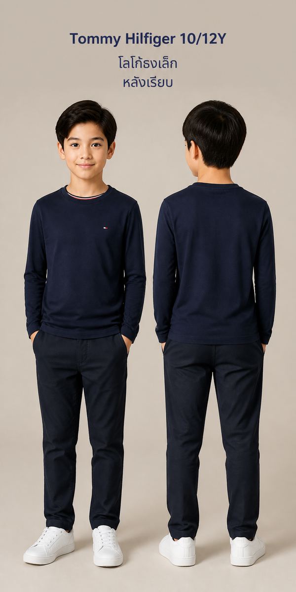 Tommy Hilfiger เสื้อยืดแขนยาวโลโก้ธงสีกรมท่า
