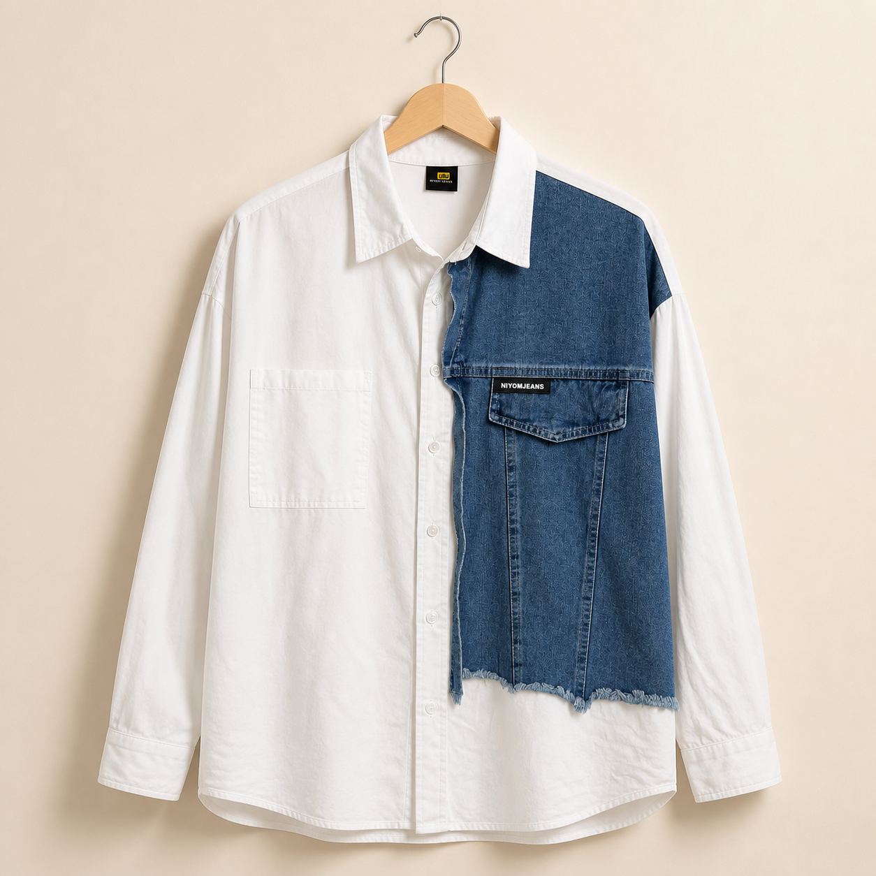 NIYOM JEANS เสื้อเชิ้ตสีขาวแผงเดนิมแขนยาว