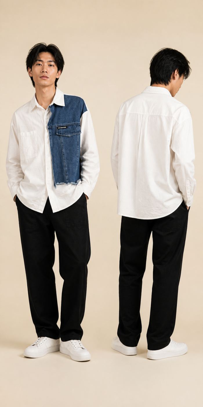 NIYOM JEANS เสื้อเชิ้ตสีขาวแผงเดนิมแขนยาว