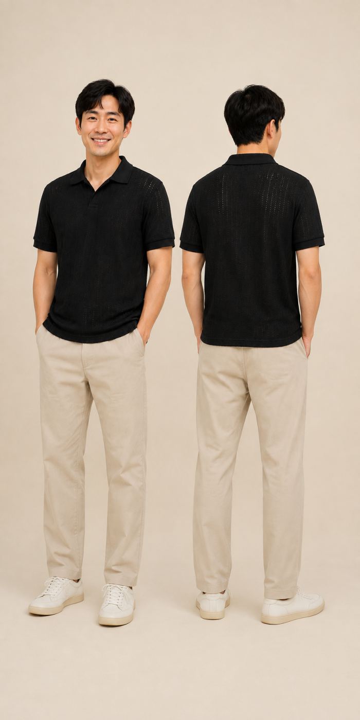 เสื้อโปโลถักโครเชต์ผู้ชาย สีดำ คอปก้านไก่