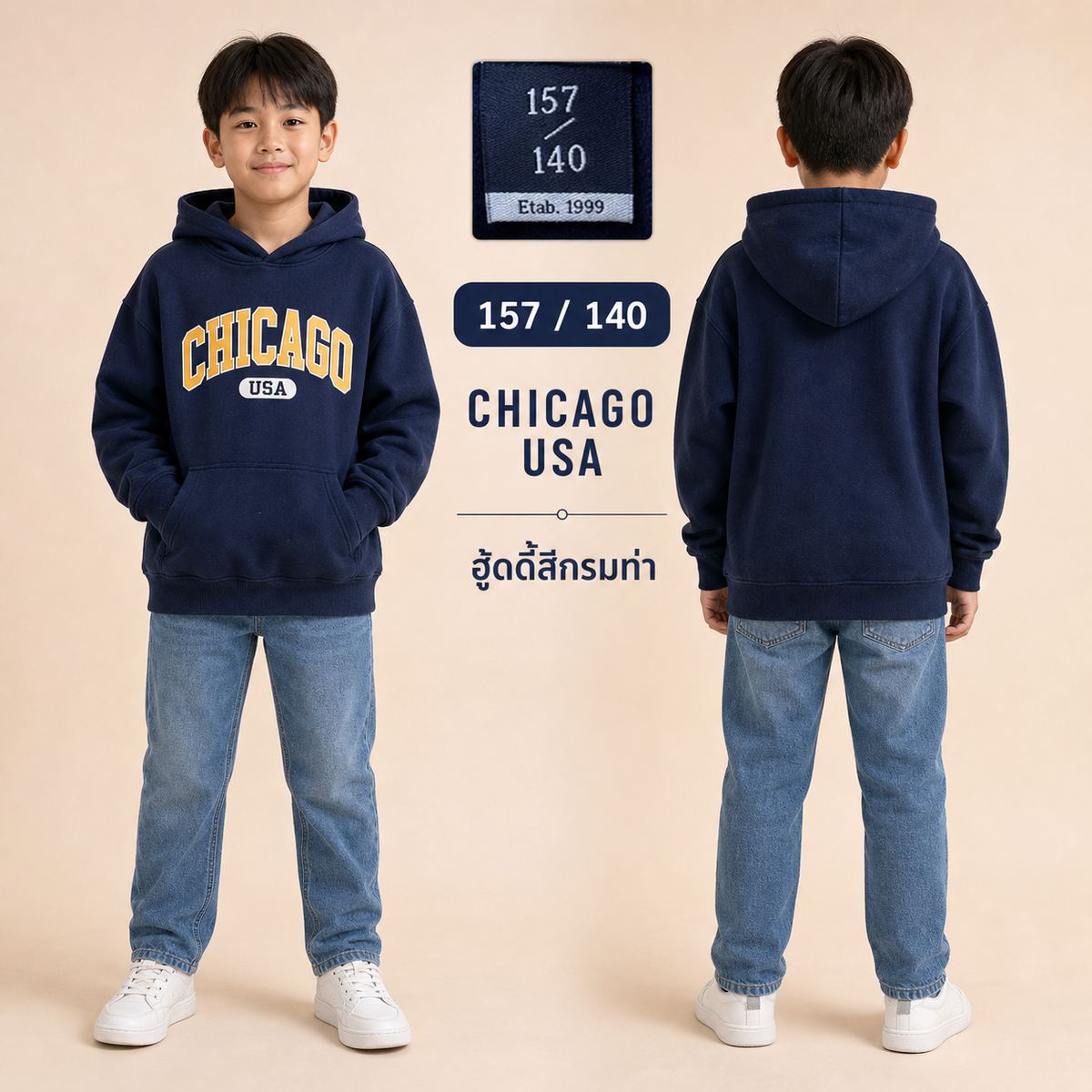 Etab. 1999 เสื้อฮู้ดดี้ลาย CHICAGO USA สีกรมท่า