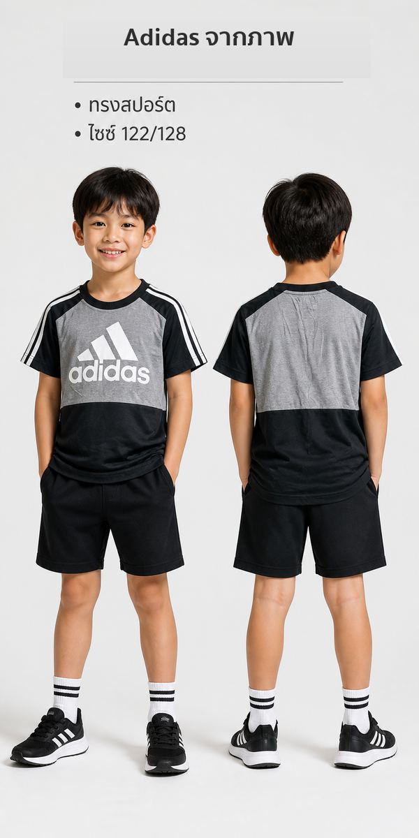 adidas เสื้อยืดโลโก้แถบสามเส้นสีเทา-ดำ