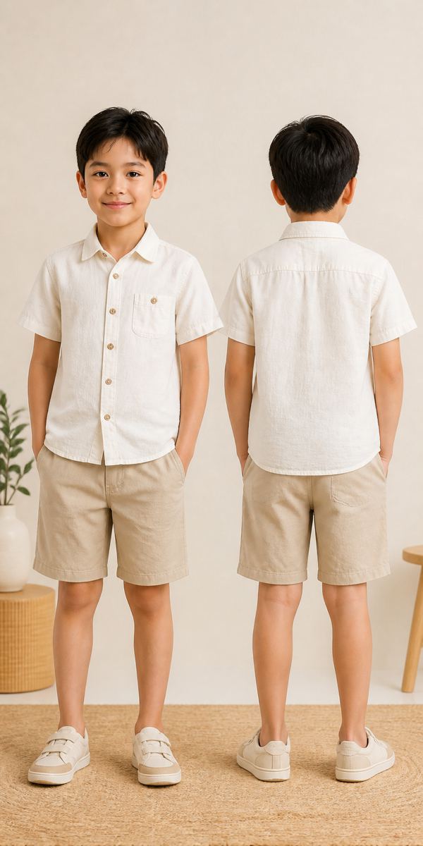 C เสื้อเชิ้ตแขนสั้นสีครีม
