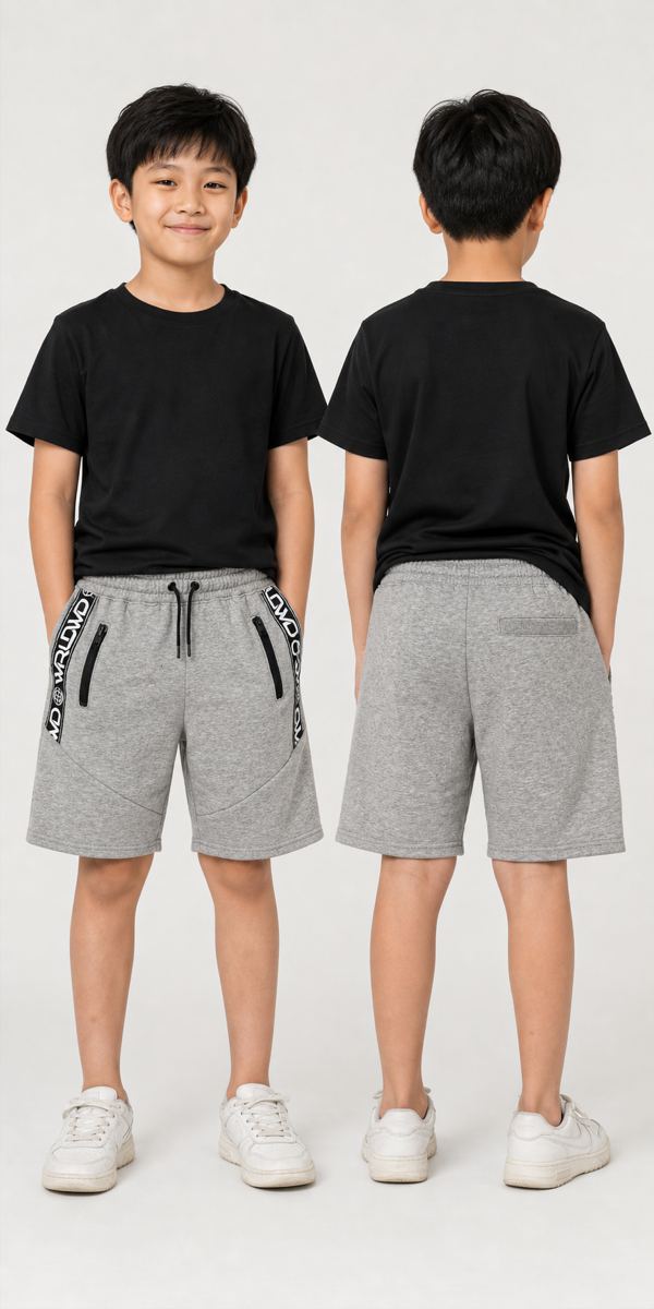 H&M กางเกงขาสั้นสเวตซิปหน้า WORLD สีเทา