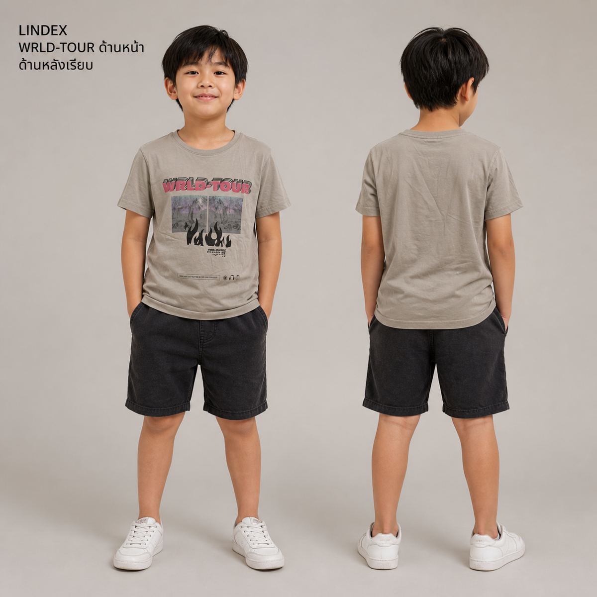 LINDEX เสื้อยืดลาย WRLD-TOUR สีเทา