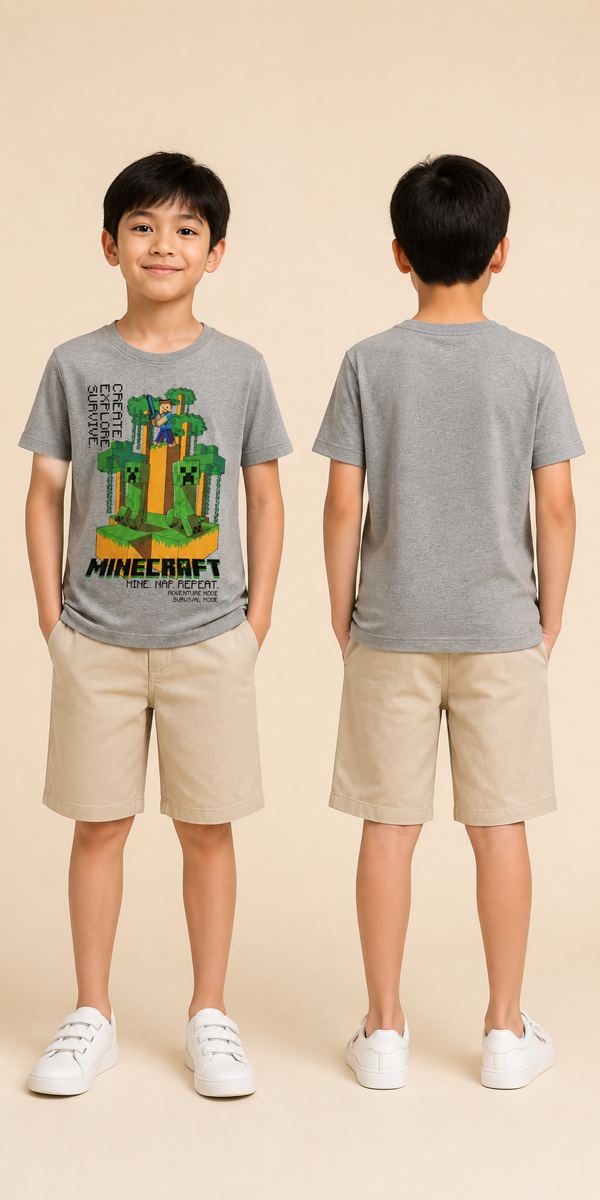 Minecraft เสื้อยืดลาย Create Explore Survive สีเทา