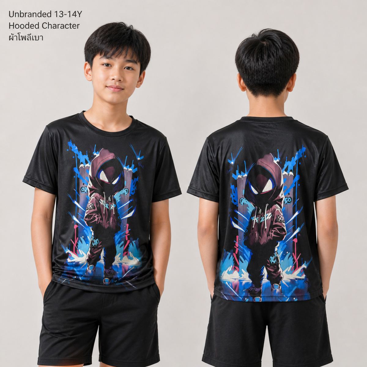 เสื้อยืดสีดำลายคาแรกเตอร์มีฮู้ด
