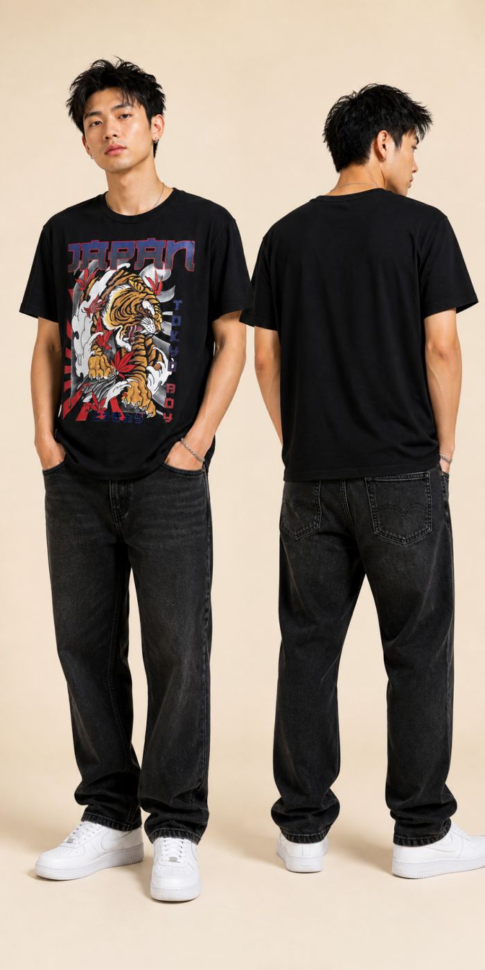 TOKYO BOY เสื้อยืดกราฟิกลายเสือญี่ปุ่นสีดำ
